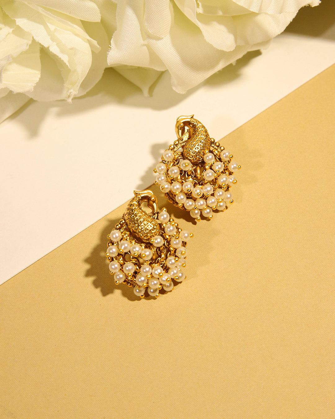 Sunehri gold tone peacock stud earrings with pearls, view 4