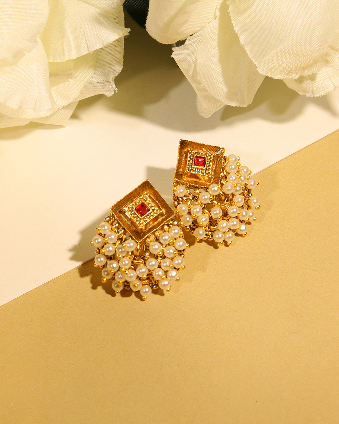 Sunehri gold tone pearl stud earrings, view 4