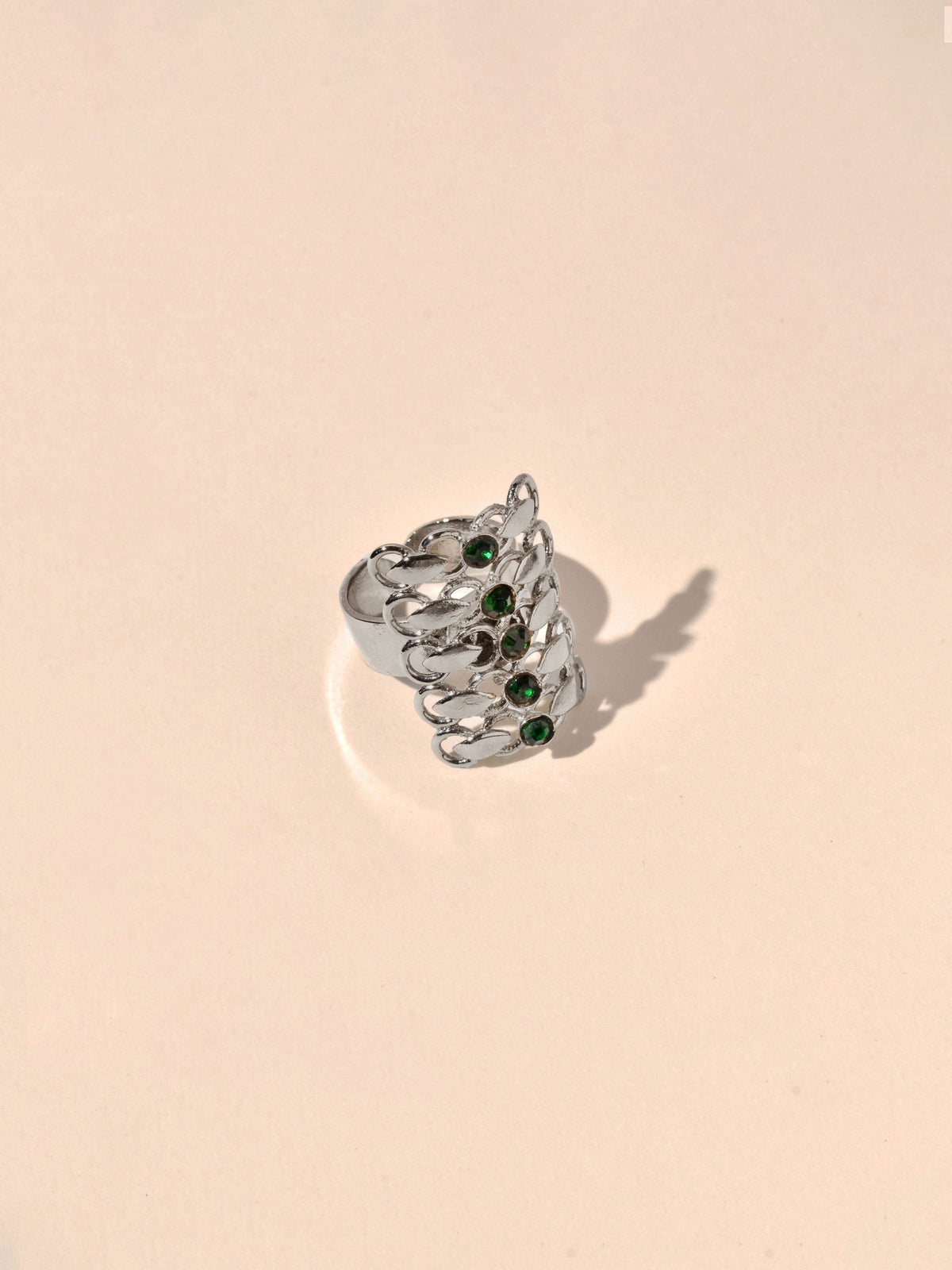 Handcrafted layered silver ring with green stones