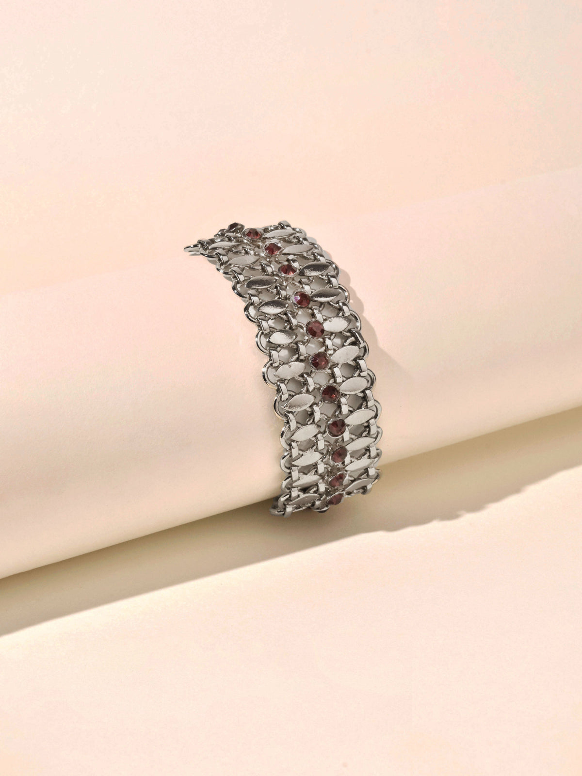 Handcrafted silver chain bracelet with red stones
