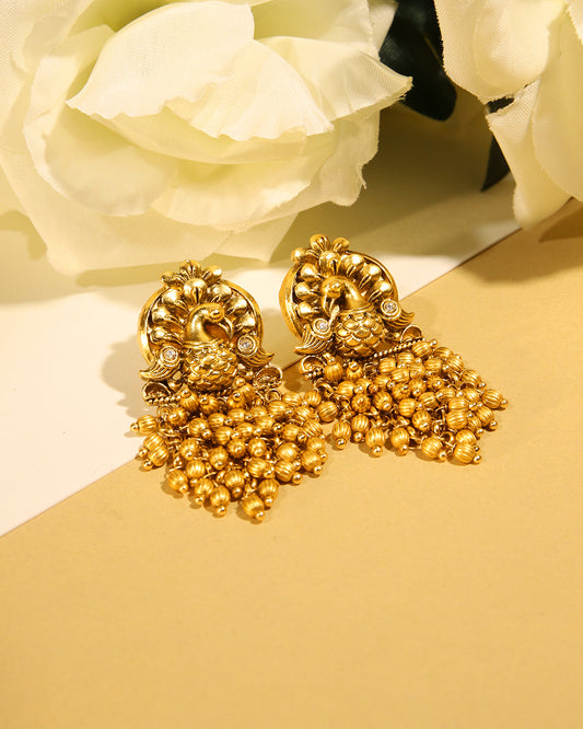 Sunehri gold tone earrings with peacock motif, view 2