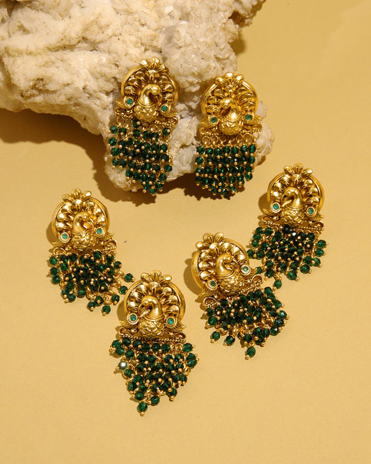 Sunehri gold tone earrings with green peacock motif, view 2