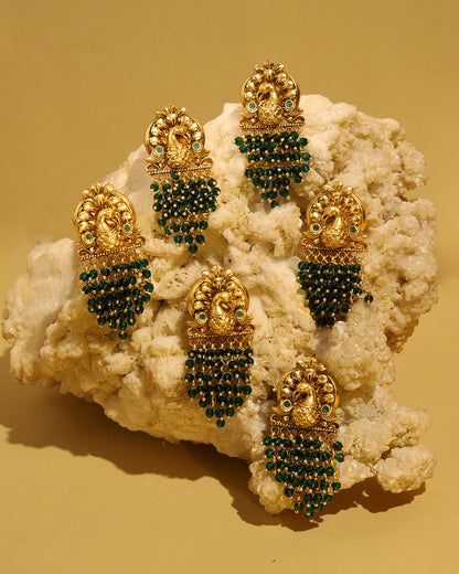Sunehri gold tone earrings with green peacock motif, view 4