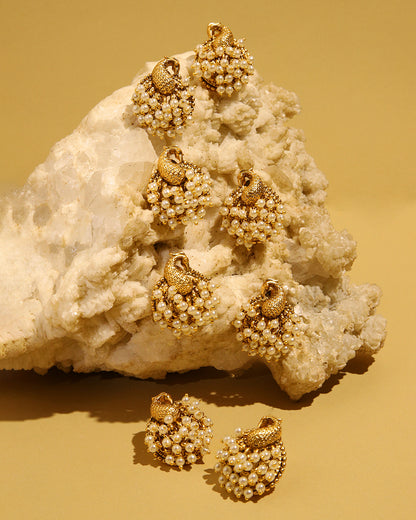 Sunehri gold tone peacock stud earrings with pearls, view 2