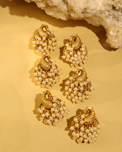 Sunehri gold tone peacock stud earrings with pearls, view 3