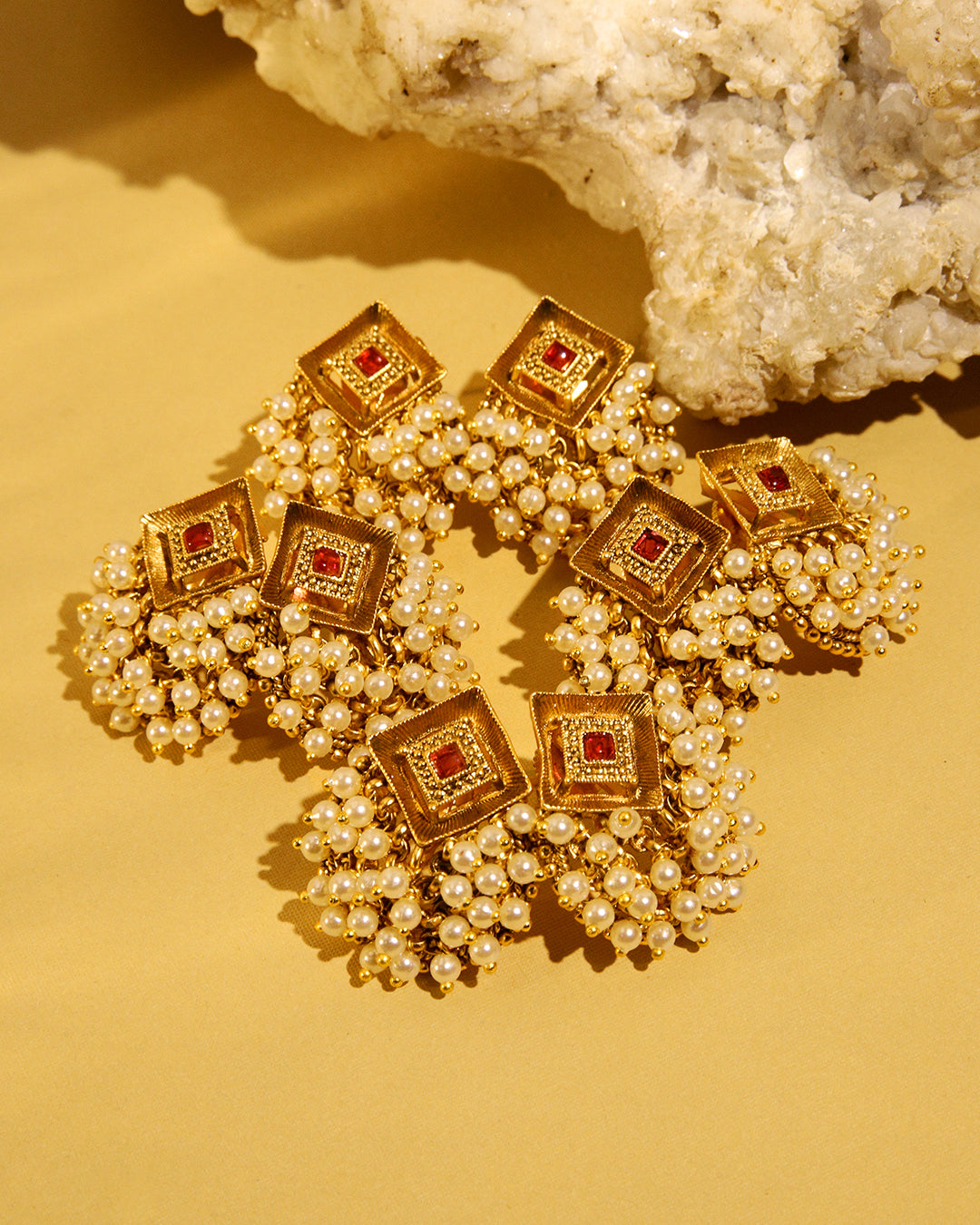 Sunehri gold tone pearl stud earrings, view 2