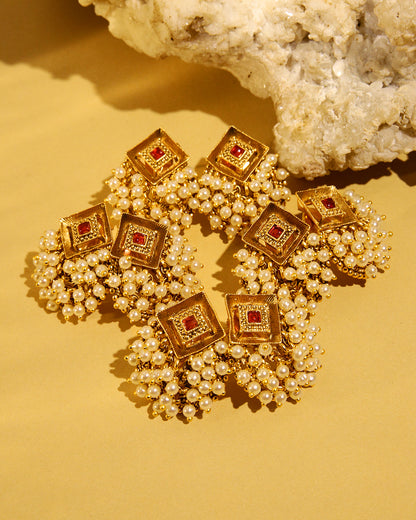 Sunehri gold tone pearl stud earrings, view 2