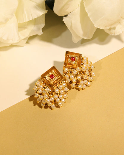 Sunehri gold tone pearl stud earrings, view 4